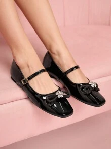 CUCCOO DOLLMOD 2024 Spring Autumn New French Square Toe Flat Shoes With Bow Decor, Shallow Versatile Women Shoes Spring Shoes Spring Break Easter - Black - View 1