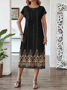 EMERY ROSE 女士圆领短袖印花休闲直筒连衣裙，适合日常穿着 - 彩色 - 查看 6