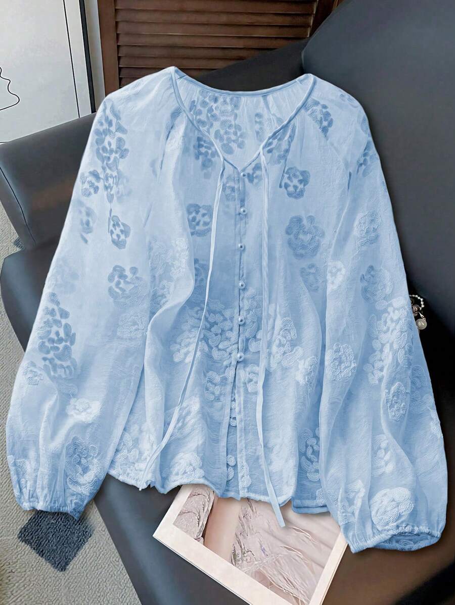 SHEIN Camisa casual de mujer de manga larga con nudo adelante, apta para vacaciones - Azul - Ver 1