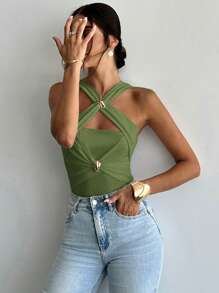 Firerie Khaki Twist Front Cut Out Bodysuit With Gold Shell Detail,Summer Tops - Green - View 7