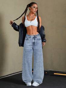 SHEIN Tall 女式前扣口袋简约阔腿休闲牛仔裤