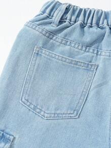 SHEIN Sparklyn Tween 女童 Y2K 休闲街头风格多口袋浅色洗水蓝色工装牛仔裤 - 中等水洗藍 - 查看 4