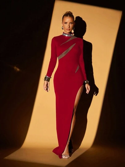 Lumalex Vestido de noche de longitud hasta el suelo con cuello alto, mangas largas, inserciones de malla transparente y lentejuelas, corte sirena, para bodas, festivales, fiestas formales, cenas y conciertos