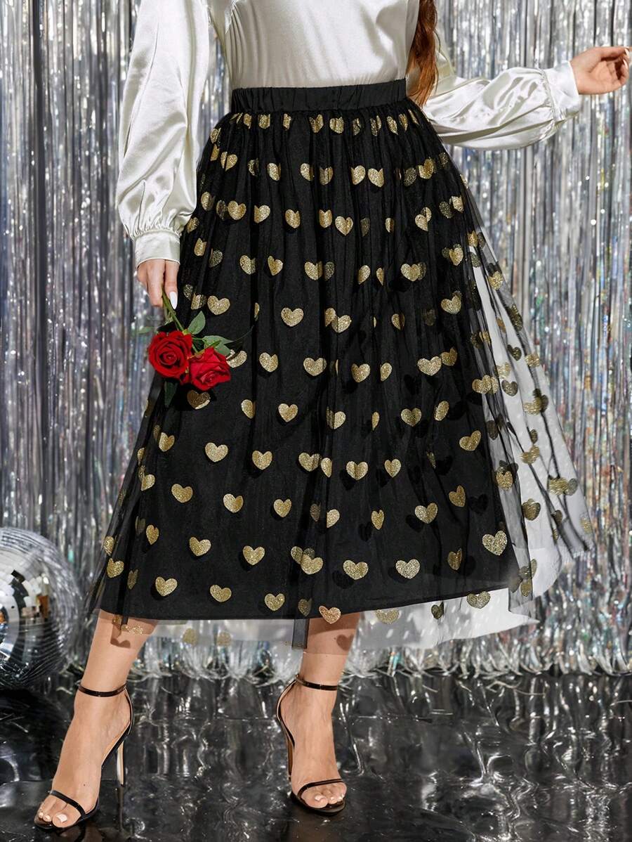 SHEIN Clasi 大码女士优雅网纱心形纹理A字裙，黑色，适合秋冬季节、情人节、情人节清凉舒缓连衣裙，晚礼服，优雅时尚女士休闲长裙 - 彩色 - 查看 1