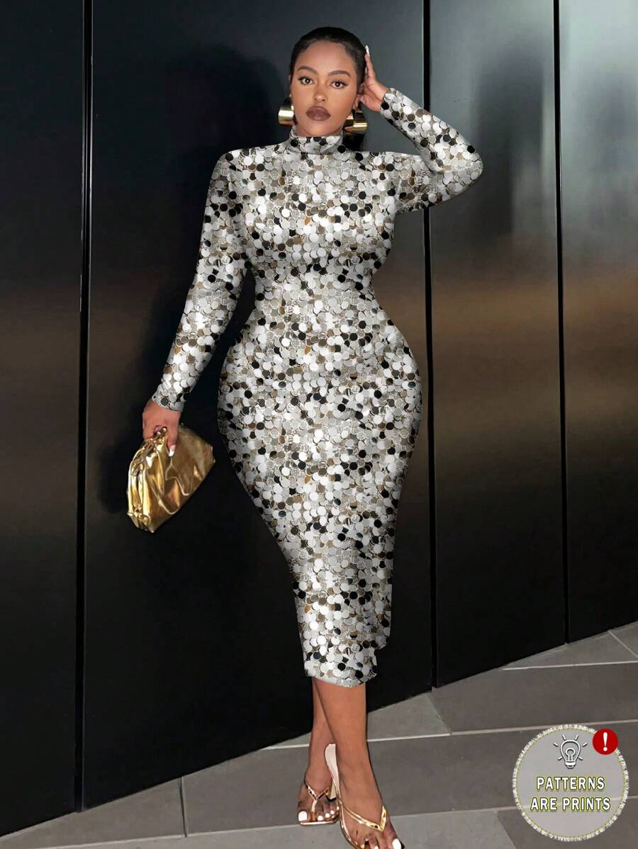 Slaydiva Silver Glitter Print Casual Minimalist Plus Size Long Sleeve Bodycon Dress, Suitable For Summer Party Chic Dress - Multicolor - View 1