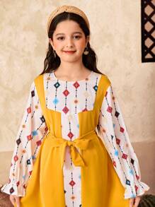 SHEIN Tween Girl Casual Patchwork Solid Color & Floral V-Neck Ruffle Sleeve Dress - Yellow - View 5
