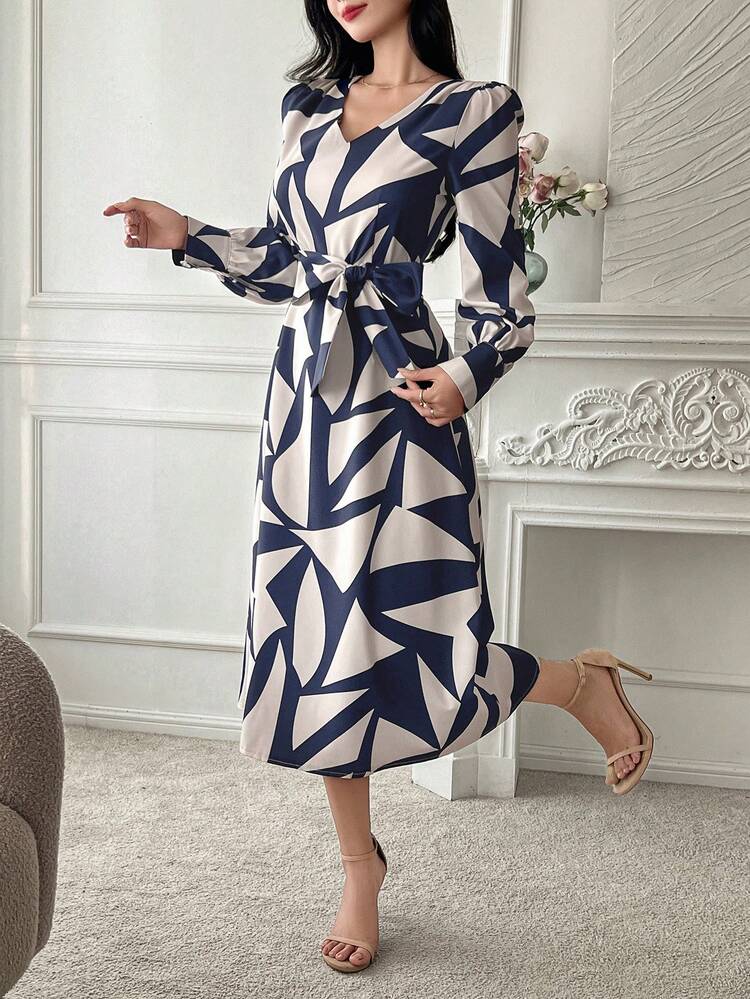 Geometric Pattern V-Neck Puff Sleeve Belted Midi Dress For Women,Casual Women Dresses,Fall Dress Long Sleeve Dress