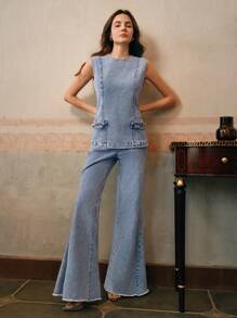 Anewsta 2pcs Set - Fashionable And Commuter Style Button Cuff Flared Pants For Women, Valentine's Day, Summer, New Year, Going Out & Date Night - Light Wash - View 5