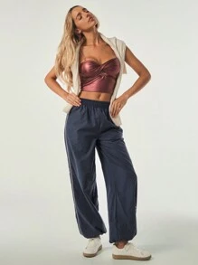 Hanevo Women's Loose Fit Line Decor Casual Pants Fall Cloth For Women - Navy Blue - View 4