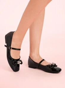 CUCCOO DOLLMOD 2024 Spring Autumn New French Square Toe Flat Shoes With Bow Decor, Shallow Versatile Women Shoes Spring Shoes Spring Break Easter - Black - View 3
