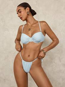 Conjunto de biquíni feminino de alças finas, cor sólida, top e calcinha, férias de verão na praia - Verde - Ver 5