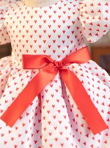 Glamorique Kids Princess Tulle Dress, Valentine's Day Satin Red Heart Print, Baby Girl Puffy Tulle Dress, Party/Festival Gown With Red Ribbon Bow, Cute Everyday Dress, All Season - White - View 5