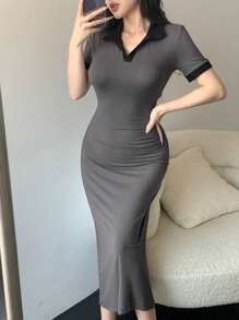 DAZY Women's Form-Fitting Color Block Short Sleeve Slim Fit Long Dress Sundress,Casual Women Dresses