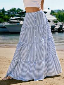 SHEIN VCAY Holiday Woven Striped High Waist Flare Skirt For Women