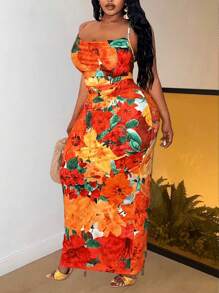Slaydiva 情人节、圣诞节、新年橙色花卉印花修身弹力休闲优雅细肩带大码女式长裙 - 橘色 - 查看 3