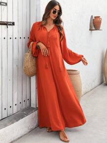 EMERY ROSE Đầm thường ngày dài tay buộc nơ phía trước màu trơn cho nữ - Rỉ Nâu - Xem 7