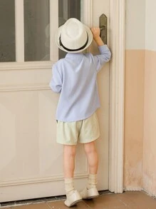 Souflis Souflis 2 件套男童复古法式纹理立领长袖衬衫 + 短裤，春夏 - 淺藍色 - 查看 2