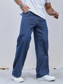 Manfinity Homme Pantalones vaqueros de bolsillo sencillos para hombre, uso diario casual - Azul lavado medio - Ver 7