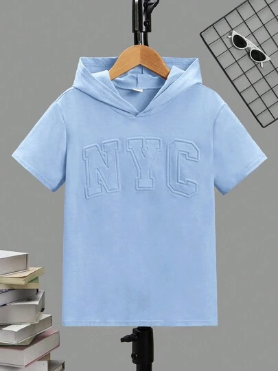 SHEIN 青少年男孩纯色长袖连帽衫，带字母图案，简约设计