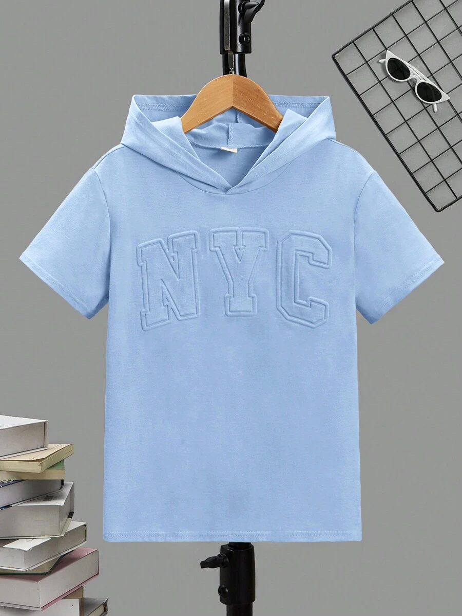 SHEIN Tween Boy Solid Color Long Sleeve Hoodie With Letter Graphic, Minimalist Design - Baby Blue - View 1