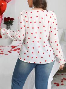 Flirla Blusa Plus Size Feminina Dia dos Namorados Romântico Coração Decote Em V Babados Manga Longa - Branco - Ver 2
