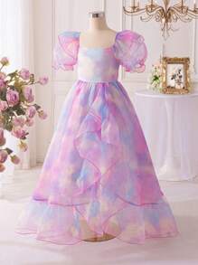 SHEIN Tween 女童彩色欧根纱方领泡泡袖缀饰长裙