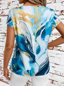 SHEIN Clasi Camisa de mujer con cuello redondo, diseño dorado de patrón ondulado azul para uso diario