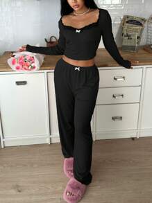 SHEIN 女士蕾丝边长袖上衣长裤睡衣套装，舒适优雅细节，秋冬服装 - 黑色 - 查看 4