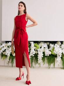 MOTF Soiréza 蝴蝶结装饰大腿开衩连衣裙 - 紅色 - 查看 7