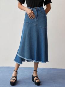 MOTF STUDIO ASYMMETRICAL RAW HEM DENIM SKIRT - Blue - View 6
