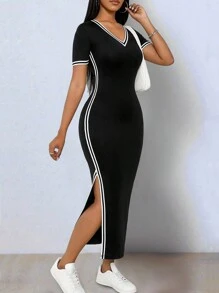 Chiquease Đầm bodycon cổ chữ V tay ngắn xẻ tà phối thun co giãn màu đen thời trang thanh lịch cho nữ - màu đen - Xem 5