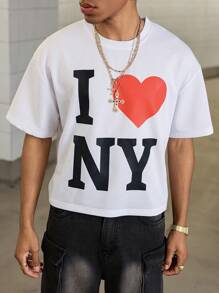 PAVTROS 男士字母与心形印花圆领短袖休闲 T 恤 - 白色 - 查看 4