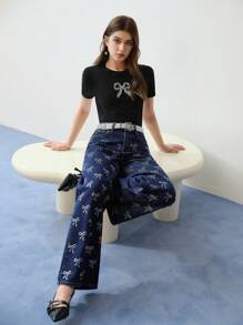 MOTF STUDIO RHINESTONE DETAIL BOW EMBROIDERY T-SHIRT,VALENTINE'S DAY,SPRING/SUMMER - Black - View 9