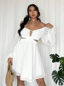 SHEIN VCAY 女士优雅纯色露肩灯笼袖迷你连衣裙 - 白色 - 查看 6