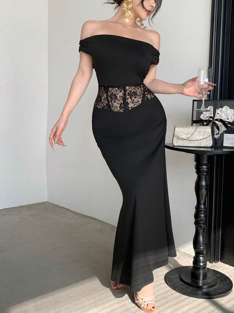 Women's Elegant Sexy Off Shoulder Lace Patchwork Mermaid Dress Sundress, Formal Women Dress