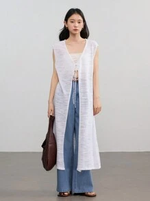 DAZY Linen Solid Color Minimalist Long Tunic, V-Neck With Drawstring, Casual Vacation Cardigan For Women Old Money Style - White - View 2