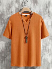 Manfinity Homme 男式纯色缺口领短袖休闲上衣 - 棕色 - 查看 4