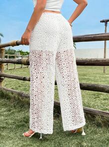 Breezaya Pantalon long blanc décontracté, ample et en dentelle crochetée pour femmes en surpoids. Convient pour les vacances et le port quotidien - Blanc - Voir 3