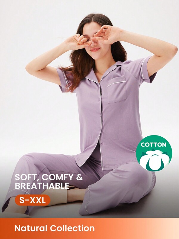 LUVLETTE Conjunto de pijama holgado de algodón 100% puro de color púrpura suave con ribete de contraste, top de manga corta con botones básicos y pantalones con bolsillos, conjunto de ropa de estar por casa fresca para mujeres