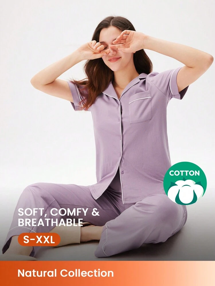 Cotton Button-Up Top & Pants PJ Set