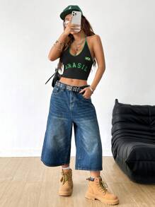 Coolane Women's Summer Sportswear Knit Number Graphics Halter Tank Top - Black - View 3