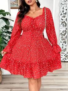 Franclia Plus Size Sweetheart Collar Ruffle Hem Long Sleeve Simple Short Dress,Valentine