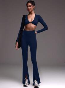 Musera Sport Top corto de manga larga con agujero para el pulgar y detalle de nudo delantero, para actividades como pádel, tenis, pickleball y gimnasio en invierno - Azul Marino - Ver 5