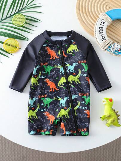 Quần bơi liền thân có khóa kéo phía trước họa tiết khủng long cho bé trai sơ sinh