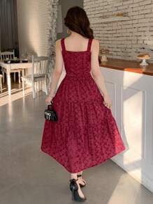 DAZY 女士两件套：镂空刺绣吊带背心和A字裙度假套装 - 紅色 - 查看 2