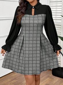 SHEIN Frenchy Plus Size Women Elegant Ruffles Sleeve Plaid Modest Dresses Tita Outfit Patchwork Midi Dress - Black - View 4