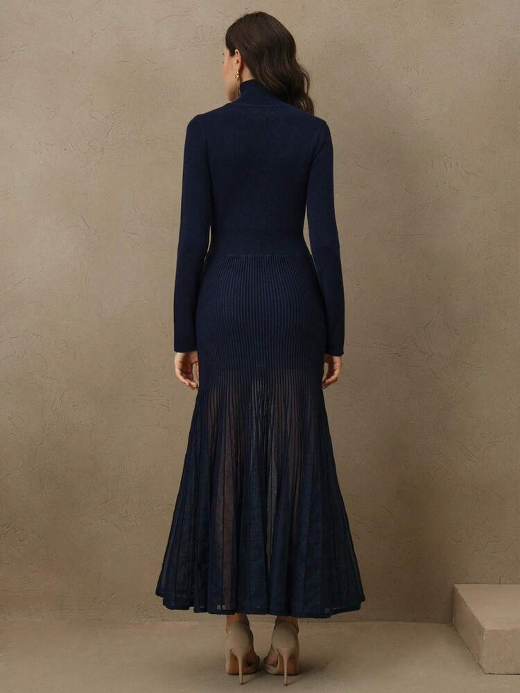 レディース エレガントなハイネック パッチワーク ファブリック ウエスト フィッテッド シアー スパンコール マーメイド裾 ニットドレス、バレンタインデー&ニューイヤーのアウトフィット