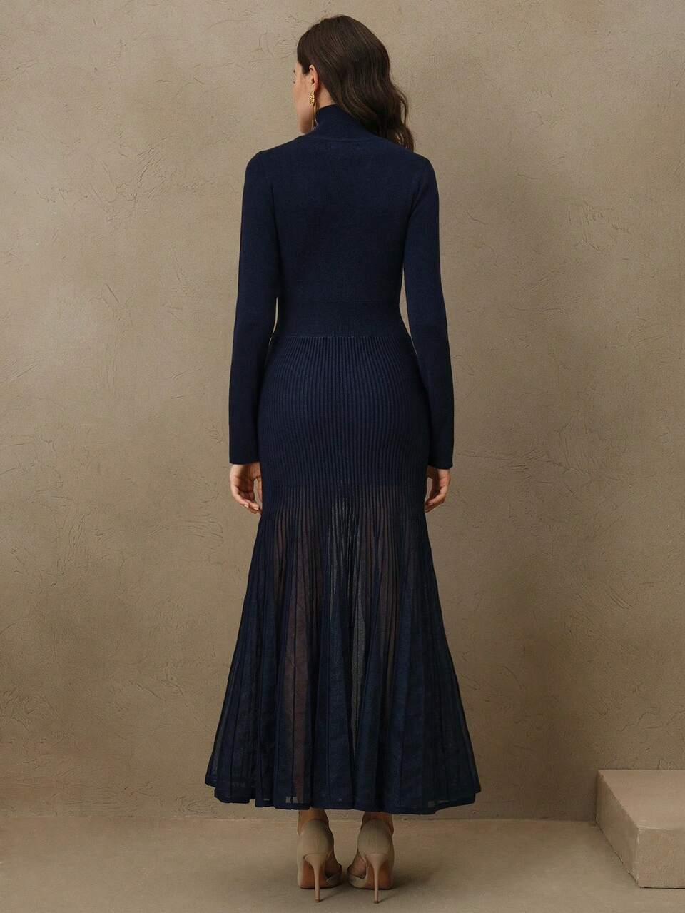 Women's Elegant High Neck Patchwork Fabric Waist Fitted Sheer Sequin Mermaid Hem Knit Dress, Valentine's Day & New Year's Outfit