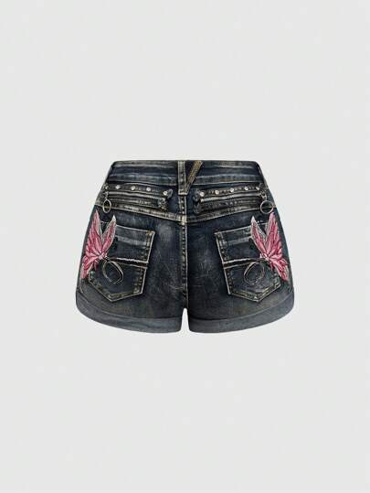 ROMWE Fairycore Spring/Summer Y2K Baddie Butterfly Embroidery Distressed Washed Super Low Waist Denim Shorts