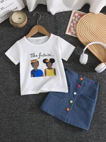 SHEIN 2pcs/Set Girls Cartoon Pattern Casual Streetwear Long Sleeve T-Shirt And Denim Skirt Set, Spring/Summer